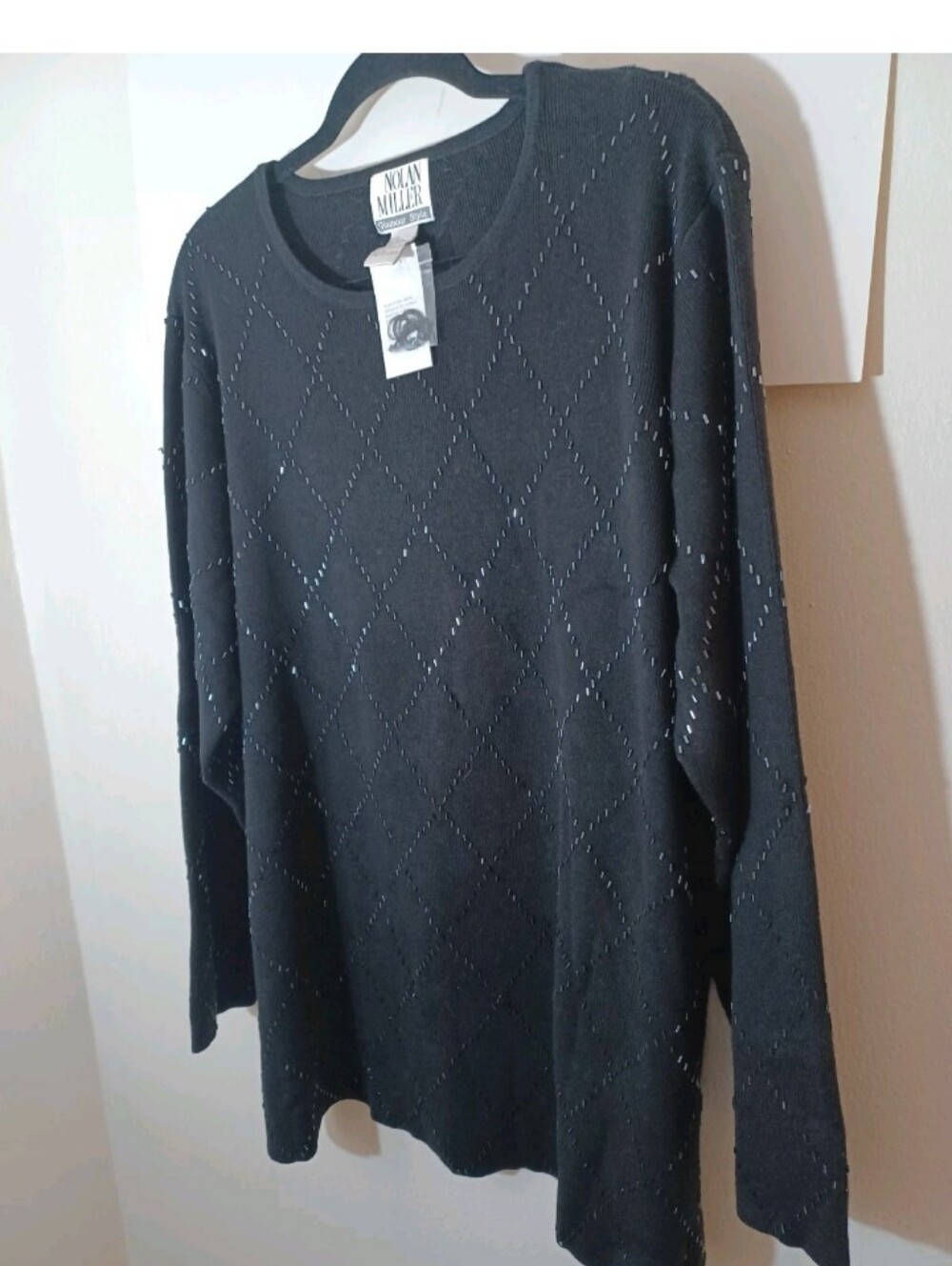 Nolan Miller 1980s Vintage Black Crewneck Sweater with Diamond Design New 1X
